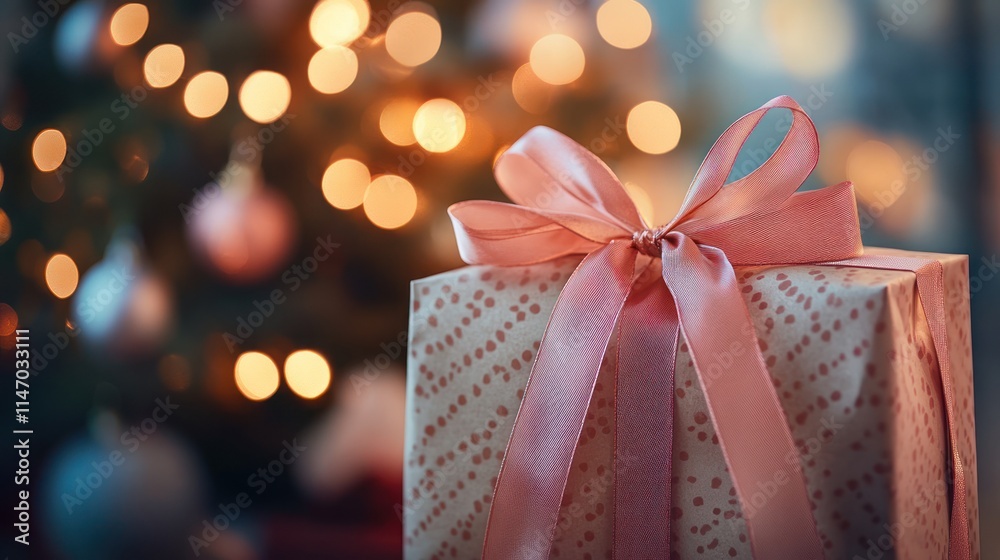 Pink gift box with ribbon, bokeh lights, Christmas tree background. Pink gift box with ribbon, bokeh lights, Christmas tree background.