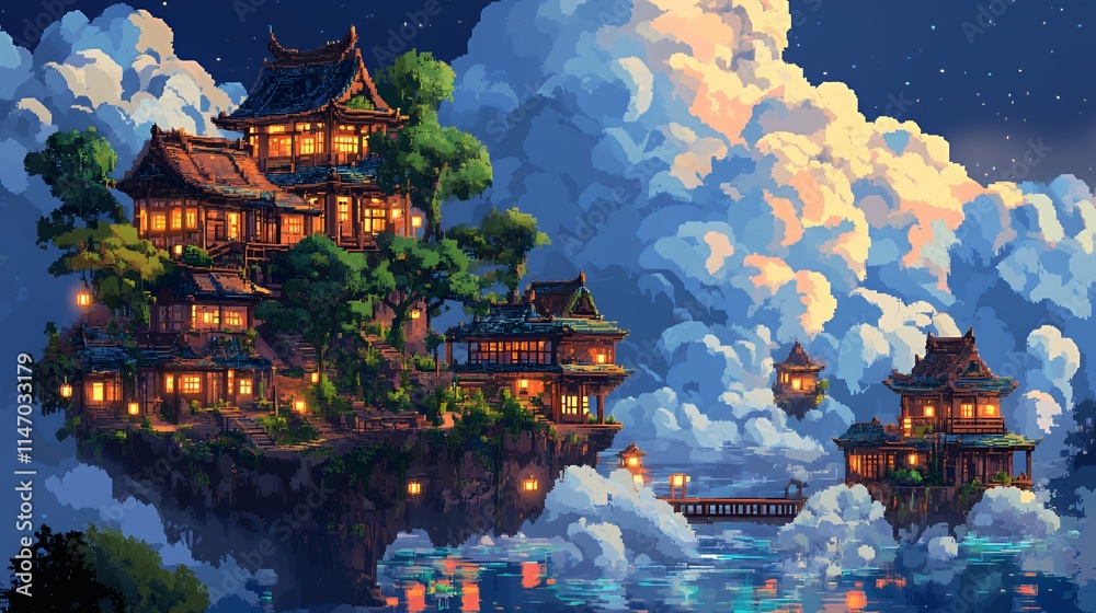 Obraz premium Asian Style Houses Floating Above Clouds At Night
