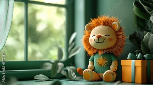 Smiling orange lion in a green T-shirt with a sun print, sitting with an orange gift box wrapped in green ribbon, surrounded by green curtains and yellow flowers in a cozy setting.