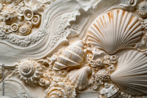 Seashells sculpted in relief, wave patterns.