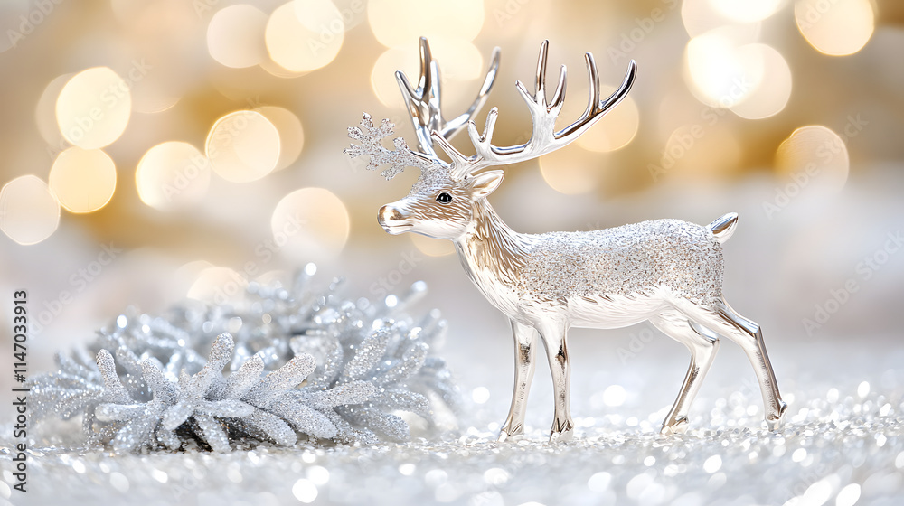 Obraz premium A silver glitter reindeer figurine stands against a bokeh background of warm gold lights. Silver sparkly pine cones are near it, creating a festive Christmas scene.
