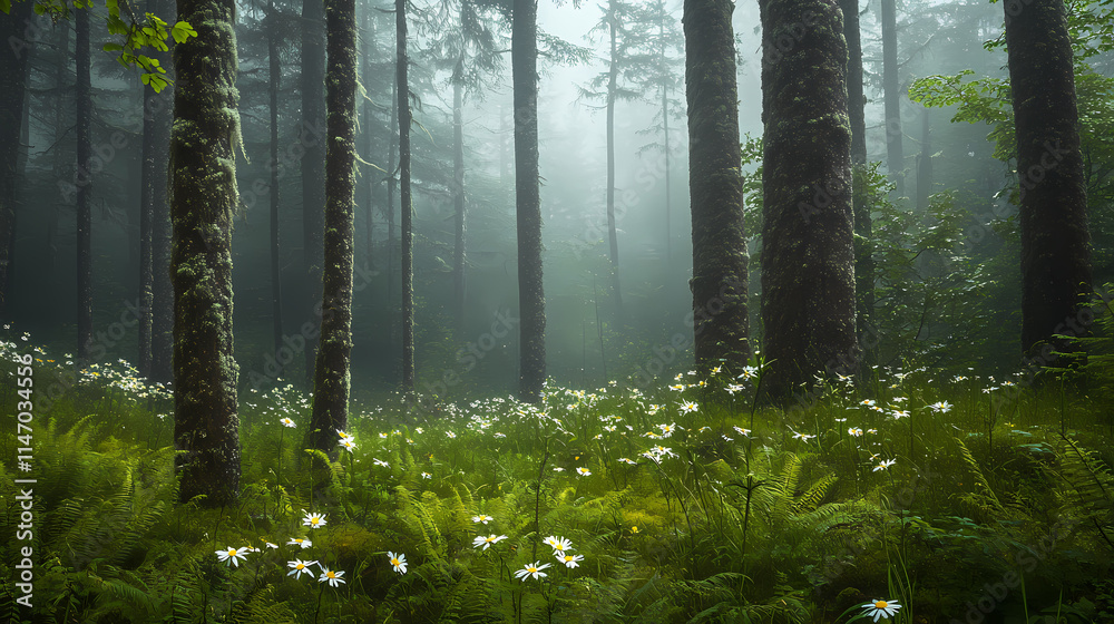 Fototapeta premium A misty morning forest scene with tall trees covered in moss and ferns and a few wildflowers blooming at their base, ferns, atmospheric, nature. Misty. Illustration