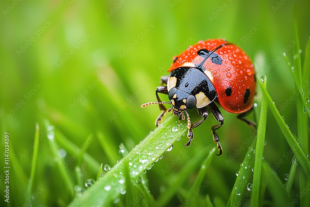 Obraz premium Bright red ladybug resting on green grass blade, glistening with