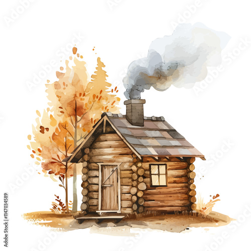 A watercolor vector painting of a small wooden cabin with a chimney releasing smoke, isolated on a white background. Wooden cabin vector.

