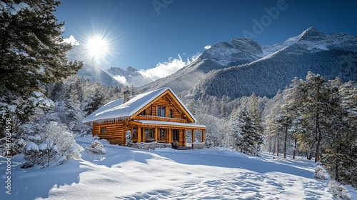 A quaint chalet tucked away at the forests edge, its roof heavy with snow with grand mountains framing the horizon under a bright and frosty blue sky photo