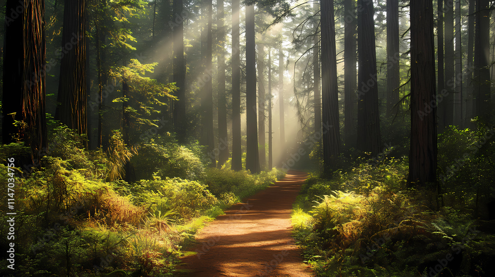 A narrow, misty path leads through a dense thicket of redwoods, sunlight filtering through the canopy above , shadows, sunlight. thicket. illustration. Misty. Illustration A narrow, misty path leads through a dense thicket of redwoods, sunlight filtering through the canopy above , shadows, sunlight. thicket. illustration. Misty. Illustration