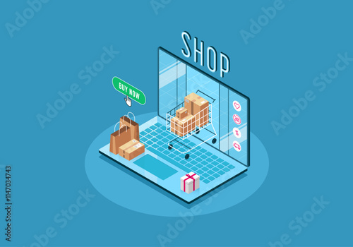 Online shopping or online shop. Concept of a digital store or mail order business. Vector Illustration of a laptop whose screen looks like the entrance to a shop or supermarket.