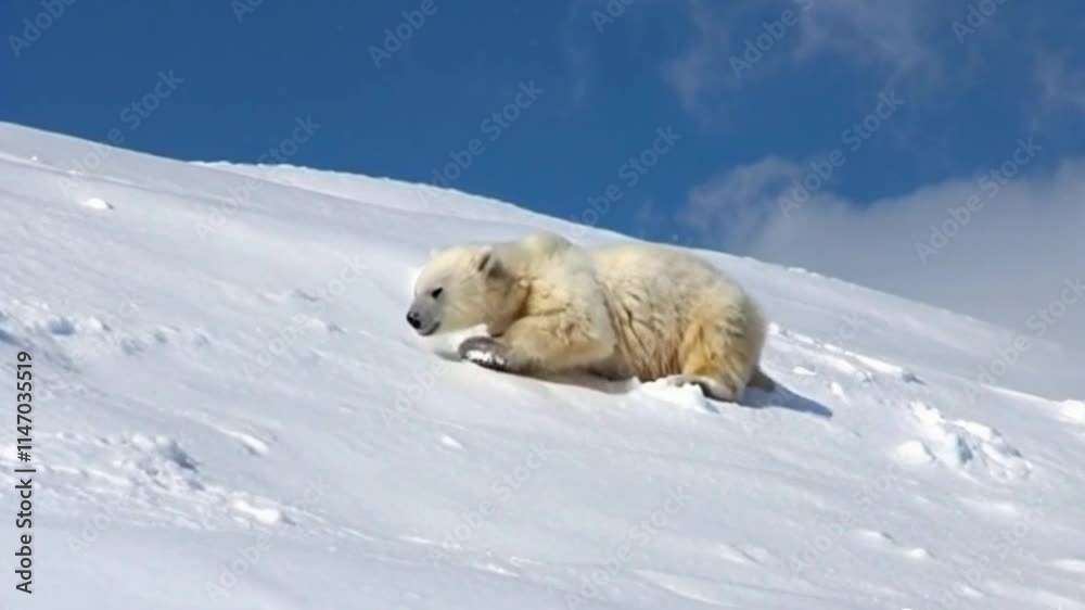 Polar bear cub playing in the snowy arctic landscape with a grown polar bear Polar bear cub playing in the snowy arctic landscape with a grown polar bear