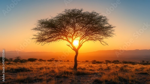 Majestic tree silhouetted against vibrant sunset sky, casting se