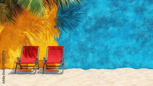 Two red beach chairs on a sandy beach against a vibrant yellow and blue wall.