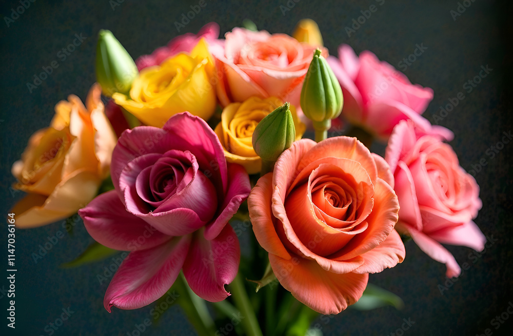 Vibrant bouquet of colorful roses and tulips against dark background Vibrant bouquet of colorful roses and tulips against dark background