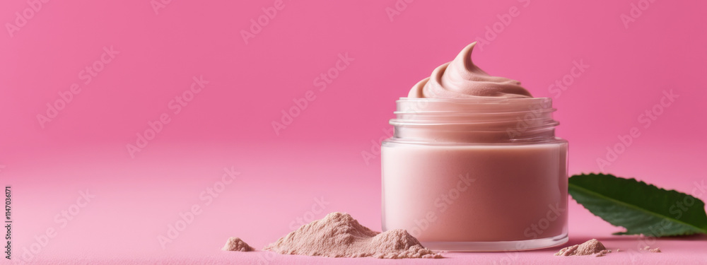 Clay mask on a pink background. An advertising banner for skin care products with space for text. Clay mask on a pink background. An advertising banner for skin care products with space for text.