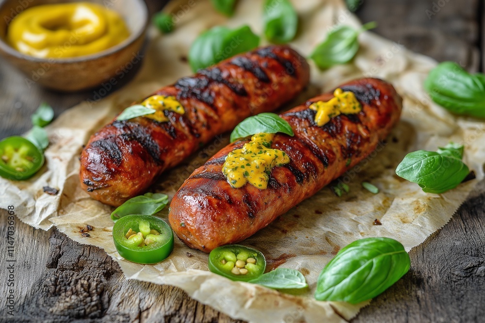 Grilled sausages with mustard, basil leaves, and fresh jalapeños Grilled sausages with mustard, basil leaves, and fresh jalapeños