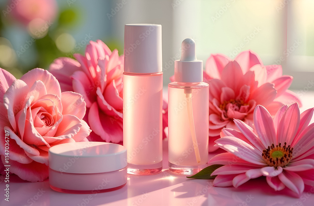 Pink floral beauty products with roses and daisies for skincare