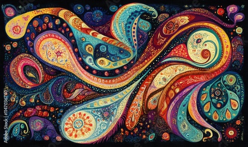 Vibrant, swirling abstract artwork; colorful, ornate, paisley-like forms.