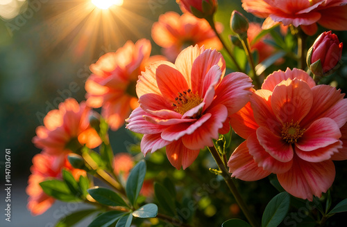 Sunlit coral-pink flowers in bloom capturing morning radiance