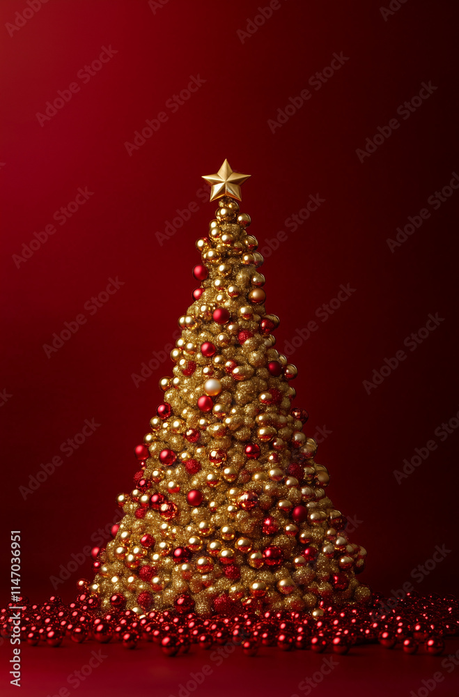 A Christmas tree made of gold foil and decorated with red pearls. A Christmas tree made of gold foil and decorated with red pearls.
