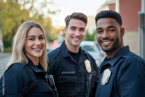 Portrait of three happy, multiethnic young police officers standing outdoors, smiling at the camera. The men and woman in blue uniforms with badges.