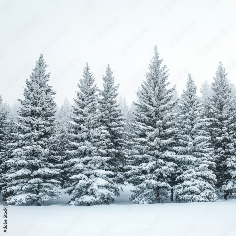 Naklejka premium A tranquil winter scene featuring snow-laden pine trees in a misty, serene landscape.