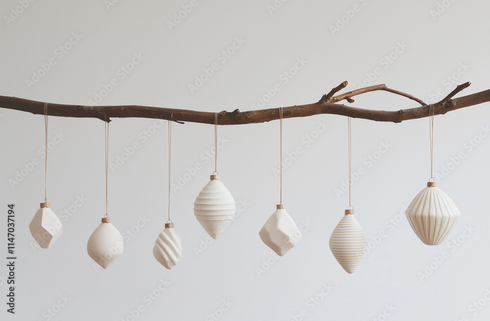 White ceramic ornaments with simple geometric shapes, stripes, and dots hang from a wooden branch in a minimalist Nordic style, featuring a neutral color palette. White ceramic ornaments with simple geometric shapes, stripes, and dots hang from a wooden branch in a minimalist Nordic style, featuring a neutral color palette.