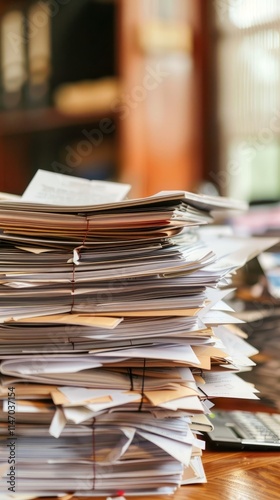 A tall stack of documents and papers on an office desk, conveying a busy work environment with warm lighting and a blurred background.