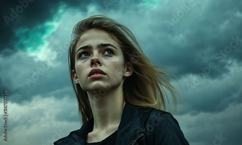 Girl under stormy skies, a portrait of resilience and hope.