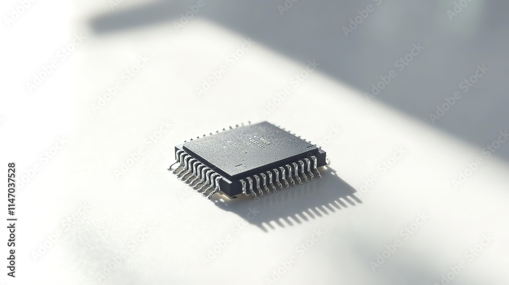 Microchip positioned on reflective surface, showcasing intricate