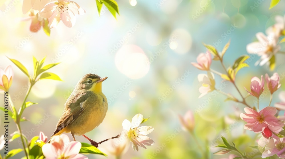 A peaceful bird sits on a branch surrounded by vibrant spring blossoms, bathed in gentle sunlight. A peaceful bird sits on a branch surrounded by vibrant spring blossoms, bathed in gentle sunlight.