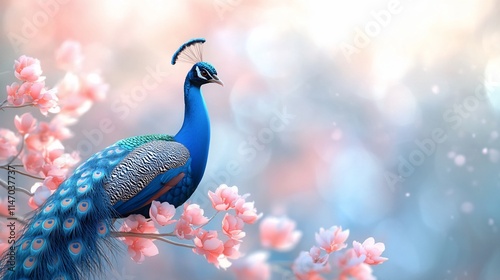 Majestic peacock perched on blossoming pink tree branch.