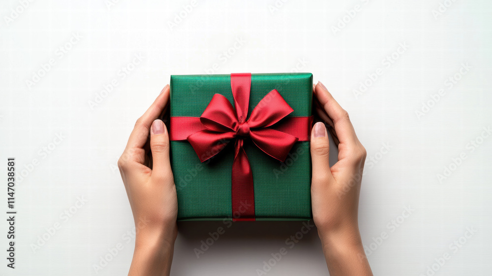 Hands Presenting a Shiny Green Christmas Gift with Red Bow on white background Hands Presenting a Shiny Green Christmas Gift with Red Bow on white background