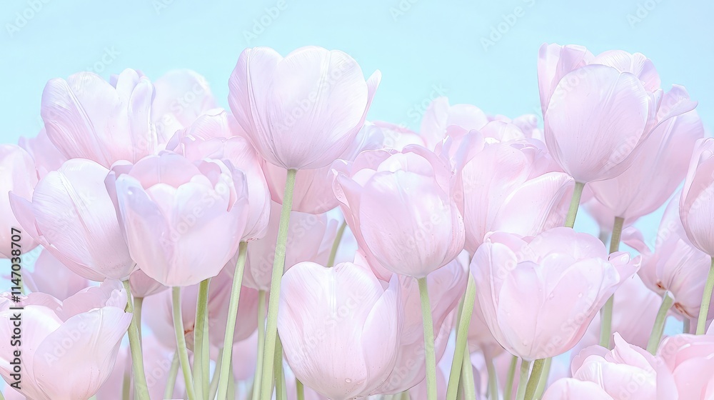 Obraz premium A beautiful field of pastel pink tulips blooming under a clear light blue sky in soft spring light.