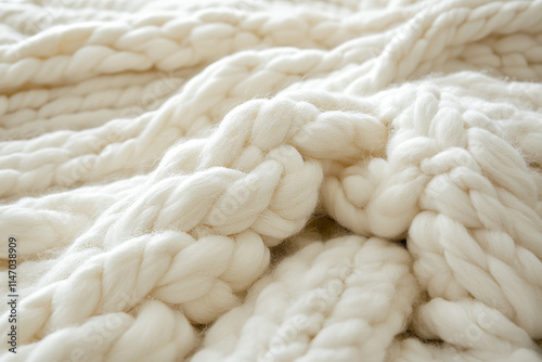 Obraz na płótnie Chunky Knit Blanket Texture: Close-up of a luxurious, creamy white chunky knit blanket, showcasing its soft, textured yarn and intricate cable knit pattern. The image evokes a sense of warmth. w salonie