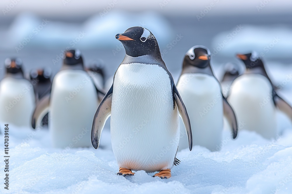 Fototapeta premium Gentoo penguins standing gracefully on icy terrain, showcasing t