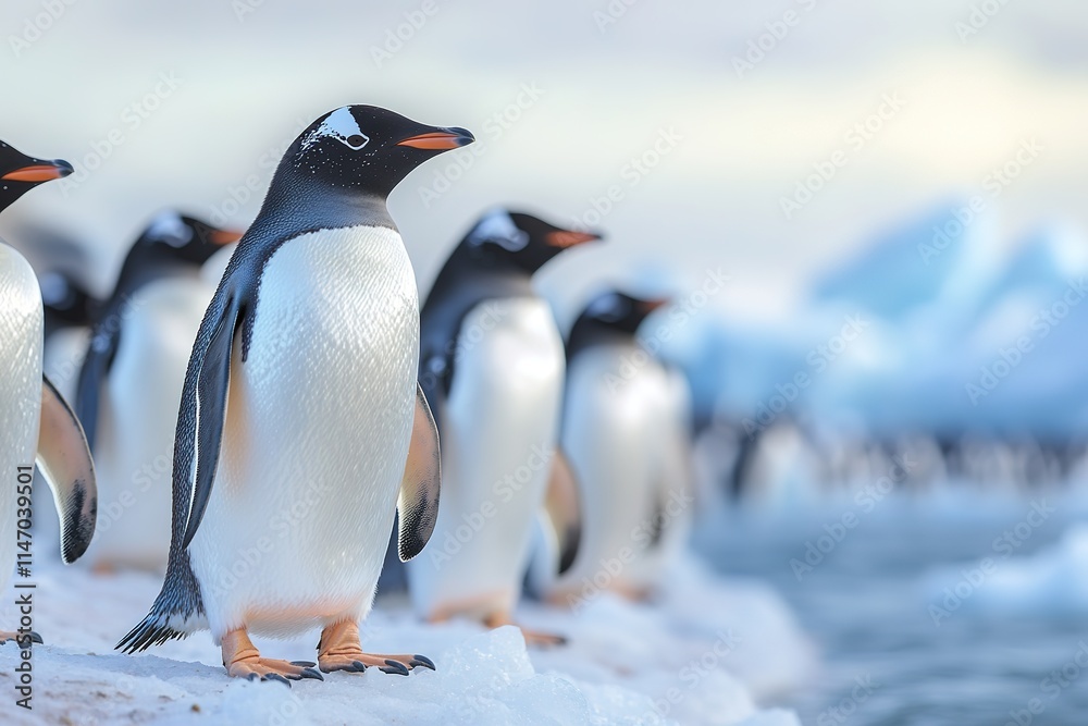 Fototapeta premium Gentoo penguins standing on icy shore, showcasing unique pattern