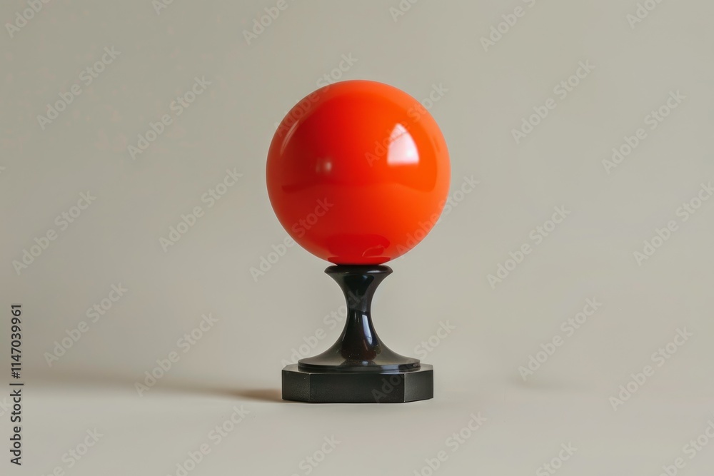 Orange sphere standing on a black pedestal against a light gray background, representing concepts such as balance and minimalism