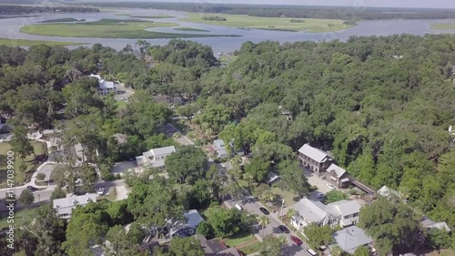 Aerial flyover of the historic district and coastline of Bluffton, South Carolina USA.