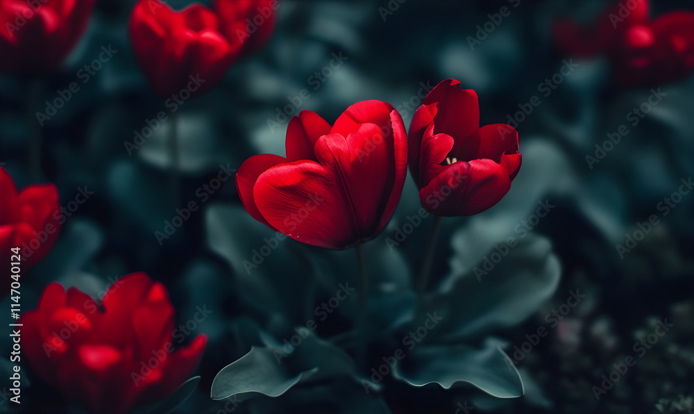 Heart shaped red flowers on the dark emerald background. Happy Saint Valentine's day background. Heart shaped red flowers on the dark emerald background. Happy Saint Valentine's day background.