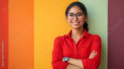 Young beautiful woman wearing casual striped t-shirt over colors background happy face smiling with crossed arms looking at the camera. Positive person.