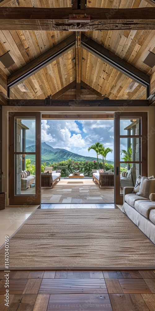 Obraz premium A large open space with a view of mountains and a patio. The room is filled with furniture, including a couch and a chair