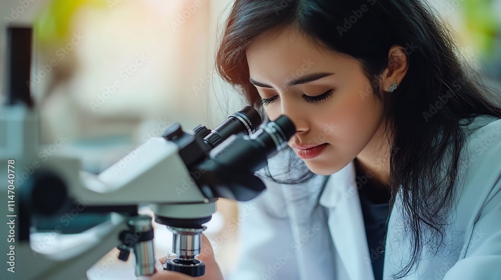Fototapeta premium Dermatopathologist examining skin samples under microscope to diagnose dermatological conditions