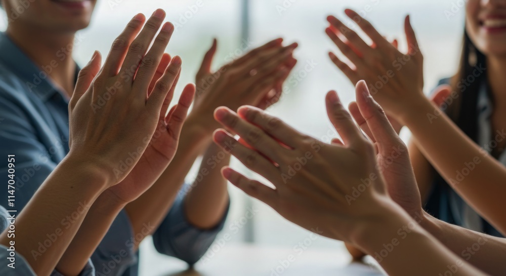 Close-up of hands clapping in a group, celebrating success