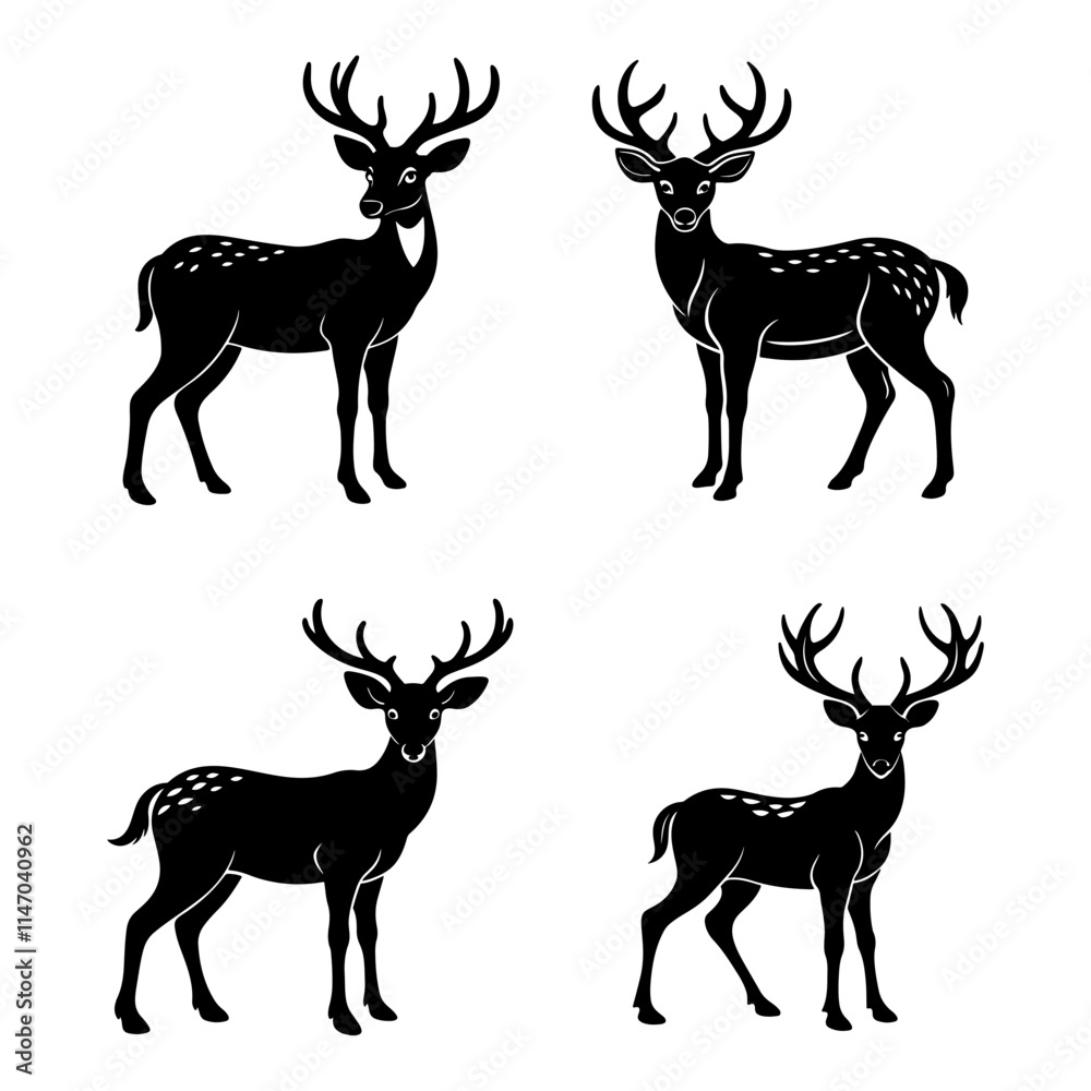 Set of Deer silhouette, black and white silhouette, vector and illustration Set of Deer silhouette, black and white silhouette, vector and illustration