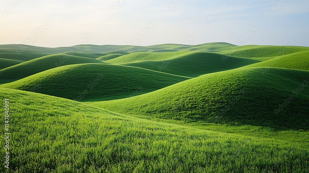 Obraz premium Vast green hills undulate under soft sunlight, creating serene a