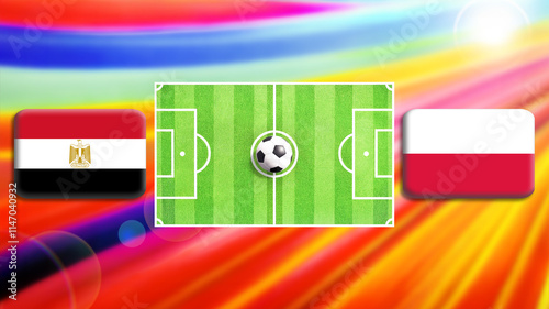 Egypt and Poland flag on soccer field with ball.Football match concept against multicolored abstract background.Copy space for text.