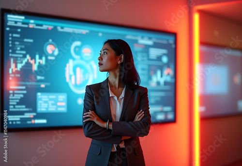 Confident Asian Businesswoman in a Modern Office with Digital Data Display