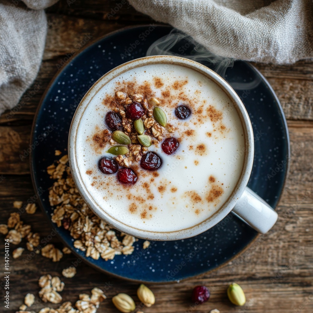 Delicious warm beverage topped with granola and dried fruits served in a rustic setting during a cozy morning Delicious warm beverage topped with granola and dried fruits served in a rustic setting during a cozy morning