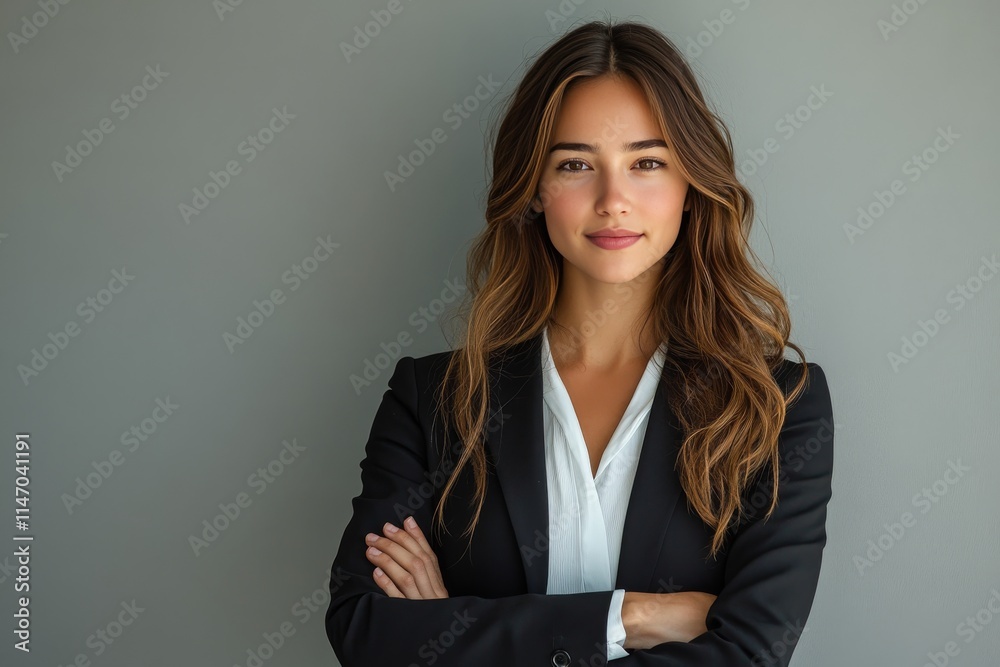 Confident young woman in professional attire poses with arms crossed against a light gray background in a modern Confident young woman in professional attire poses with arms crossed against a light gray background in a modern