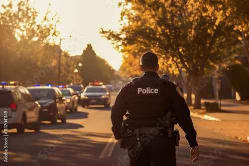 Back view of a police officer in uniform walking near police cars. A man holding equipment patrols the streets.