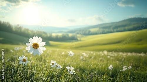 Bright field with blooming daisies under clear sky, warm sunligh