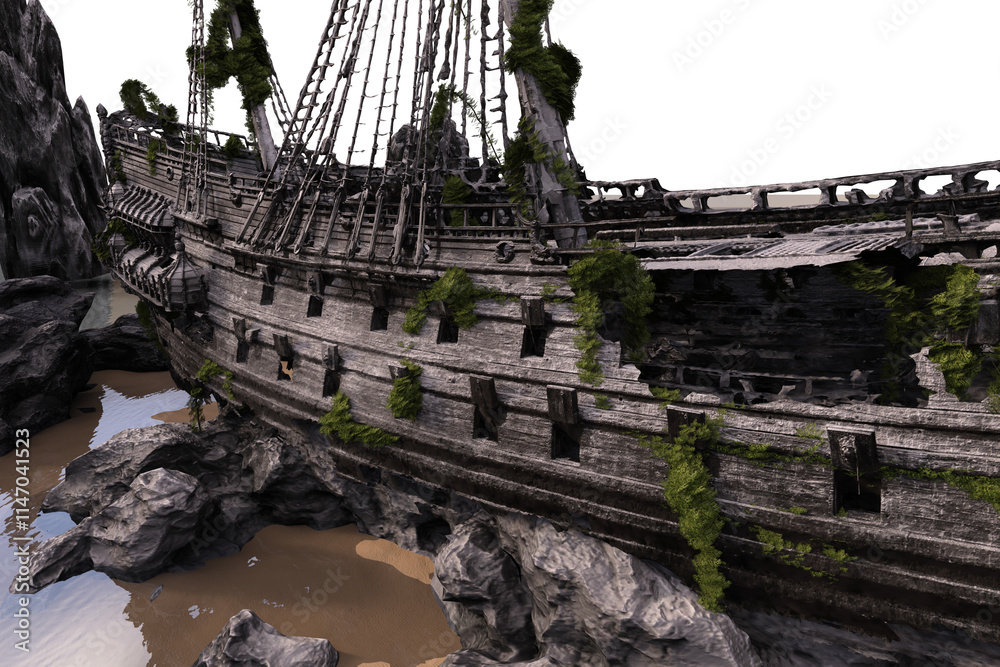 Naklejka premium 3D rendered fantasy stranded pirate ship as a backdrop with transparent background 